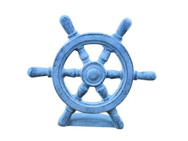 Dark Blue Whitewashed Cast Iron Ship Wheel Door Stopper 9
