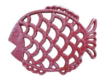 Rustic Red Whitewashed Cast Iron Big Fish Trivet 8