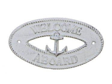 Whitewashed Cast Iron Welcome Aboard with Anchor Sign 8