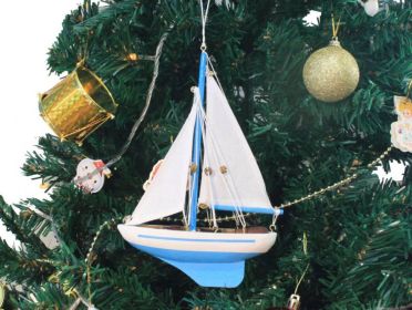 Wooden Light Blue Sailboat Model Christmas Tree Ornament 9