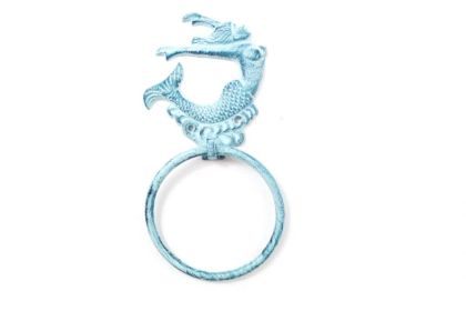 Rustic Dark Blue Whitewashed Cast Iron Arching Mermaid Towel Holder 9