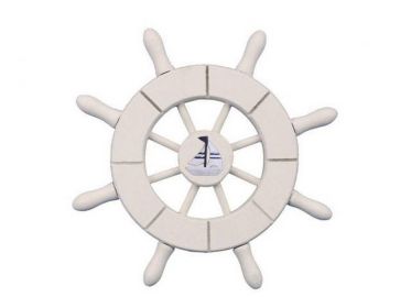 White Decorative Ship Wheel With Sailboat 6"