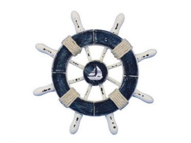 Rustic Dark Blue and White Decorative Ship Wheel With Sailboat 6"