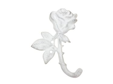 Whitewashed Cast Iron Long Stem Rose Decorative Metal Wall Hook 5.5