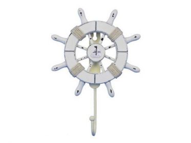 Rustic All White Decorative Ship Wheel with Sailboat and Hook 8&quot;