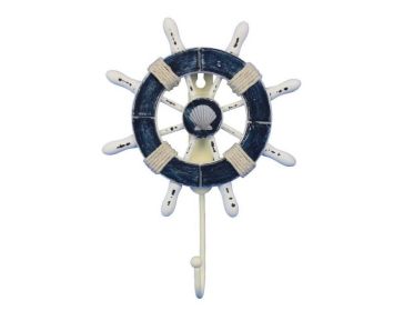 Rustic Dark Blue and White Decorative Ship Wheel with Seashell and Hook 8"