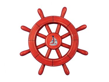 Rustic All Red Decorative Ship Wheel With Sailboat 12