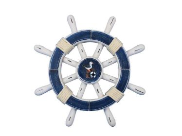 Rustic Dark Blue And White Decorative Ship Wheel With Seagull 12