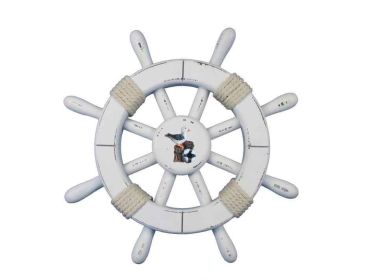 Rustic White Decorative Ship Wheel With Seagull 12